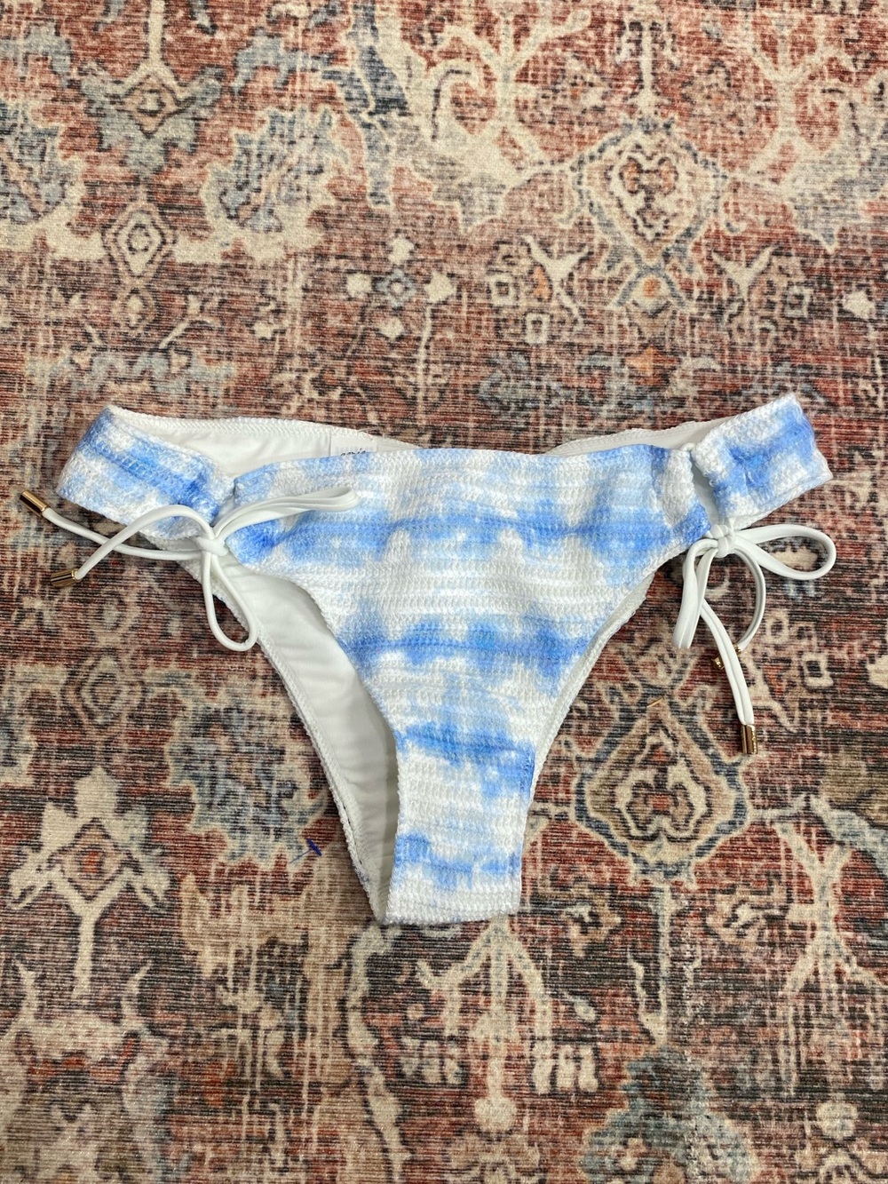Aerie NWT blue & white knit cheeky tie sides bikini bottom XS boho beach pool